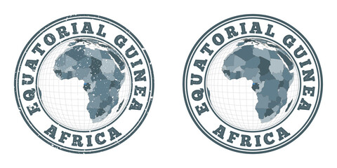 Equatorial Guinea round logos. Circular badges of country with map of Equatorial Guinea in world context. Plain and textured country stamps. Vector illustration.