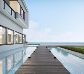 Floor deck walkway.Luxury beach house with swimming pool and sea view.Vacation home,hotel,villa.3d rendering