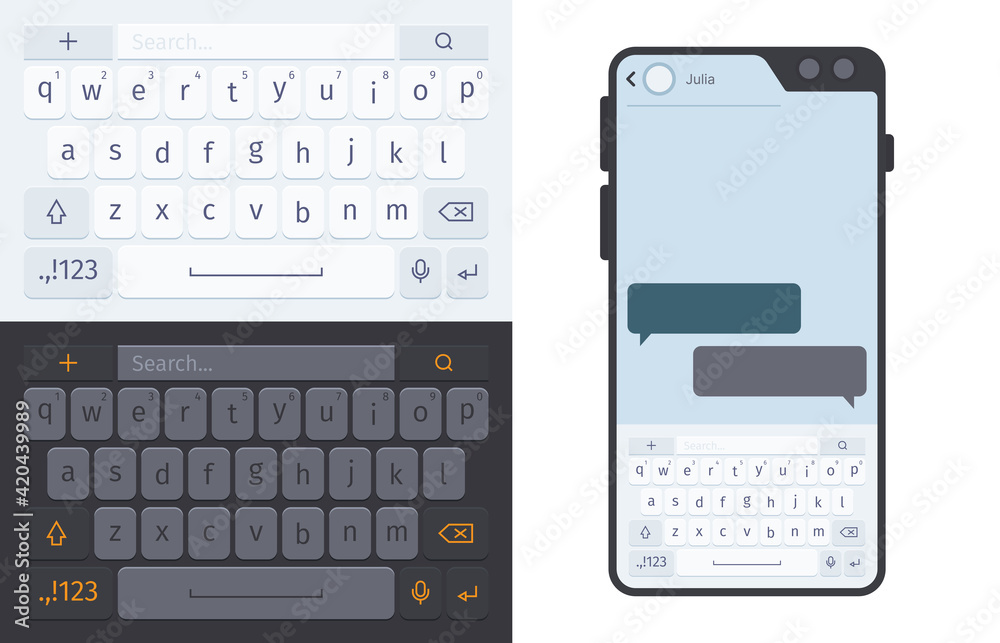 Poster smartphone keyboard. numbers and letters for smartphone ui dark and white theme typing buttons garis