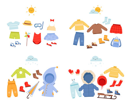 Season wardrobe. Casual clothes for different weather seasons pants jackets caps and scarf nowaday vector pictures