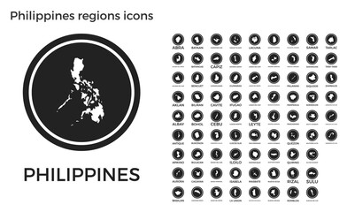 Philippines regions icons. Black round logos with country regions maps and titles. Vector illustration.