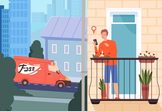 Man wait delivery. Fast safe service, food goods bring. Delivery man in truck on street and guy with phone on balcony vector concept