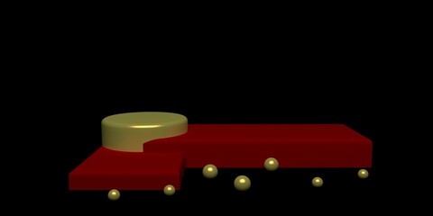 Golden red product stand pastel or podium pedestal on empty display with black backdrops. 3D rendering.