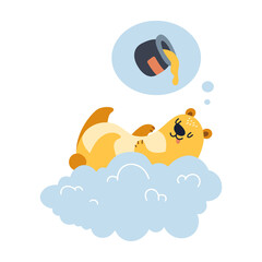 Bear flying on a cloud, dreaming about honey, happy illustration isolated on white background. Vector