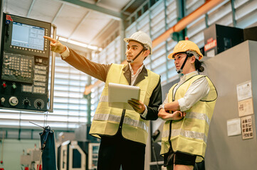 Male and female engineer inspecting the control panel of an industrial machine.Engineer and Architect concept.
