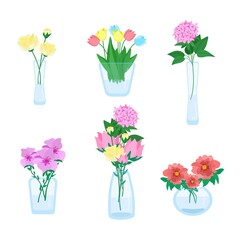 Set of different bouquets of flowers in vases of different shapes, beautiful flowers, glass minimalist vases, vector illustration in flat style.