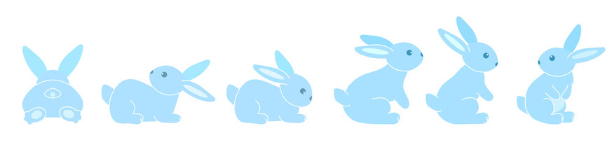 A set of cute blue rabbits. Six colored sitting and recumbent bunnies on a white background. Festive Easter bunnies. Vector illustration