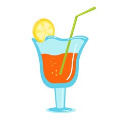 Bright summer cocktail in a glass wine glass with a beautiful slice of lemon, beach cocktail with a straw, vector clip art on a colored background in a flat style.