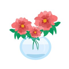 Beautiful flowers in a vase, a bouquet of red poppies cute garden flowers, vector object in a flat style on a white background.