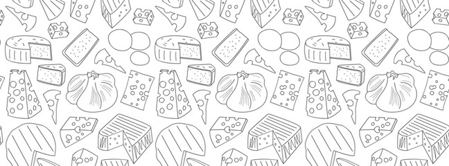 Black and white seamless pattern with different varieties and types of cheese. Background for design business concepts and advertising. Cover for cookbook, menu, brochure, catalog. For sites, articles