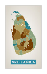 Sri Lanka map. Country poster with regions. Old grunge texture. Shape of Sri Lanka with country name. Charming vector illustration.