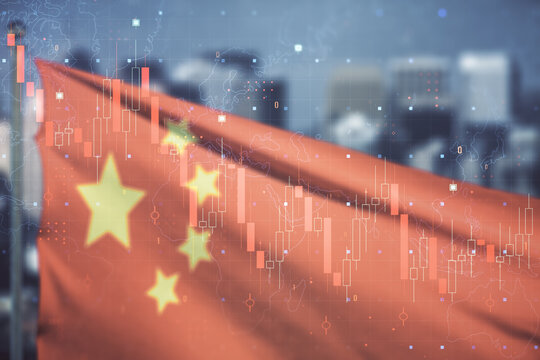 Abstract virtual crisis chart illustration on flag of China and blurry cityscape background. Global crisis and bankruptcy concept. Multiexposure