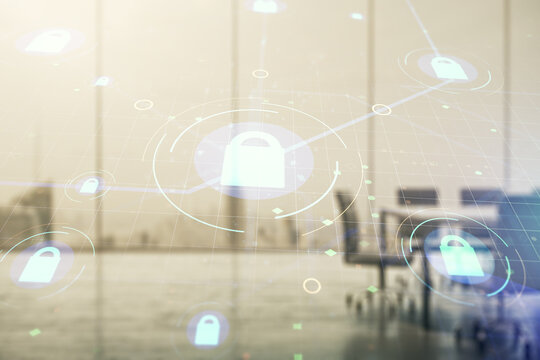 Virtual creative lock sketch with chip hologram on a modern boardroom background, protection of personal data concept. Multiexposure