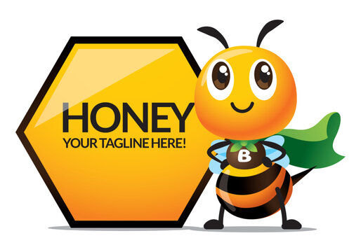 Cartoon cute bee with superhero costume ready to save the world. Cute bee with green cloak stand beside big honeycomb shape signage