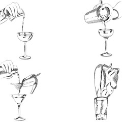 set of elements bartender makes cocktails, bartender's hands, drinks, shaker, sieve, glass, glass, shot, glass, martini