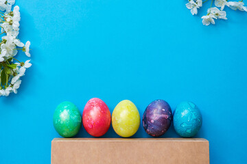 Five colorful easter eggs and flowers on blue background.