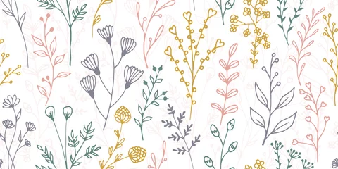 Tuinposter Field flower sprouts botanical vector seamless pattern. Minimalist herbal fabric print. Garden plants foliage and buds wallpaper. Field flower twigs summer seamless background © SunwArt