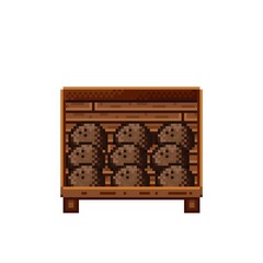 Fruit shop pixel art. Coconuts in a wooden crate. Coconut, food pixel art icon isolated on white background. Fruit stall. Showcase with Fruit waste. Vector illustration. Coconuts pixel art.