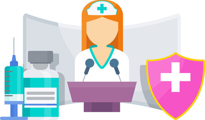 Vaccine information. Woman doctor at a conference.