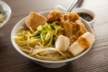 A bowl of Kampar fishball noodle soup with stuffed Yong Tau Foo
