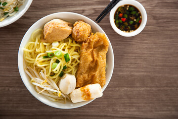 A bowl of Kampar fishball noodle soup with stuffed Yong Tau Foo