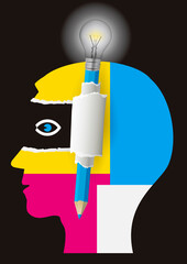 Man, graphic designer,creativity concept. 
Male paper head in profile with uncovering eye and creative pancil with bulb. Vector available.