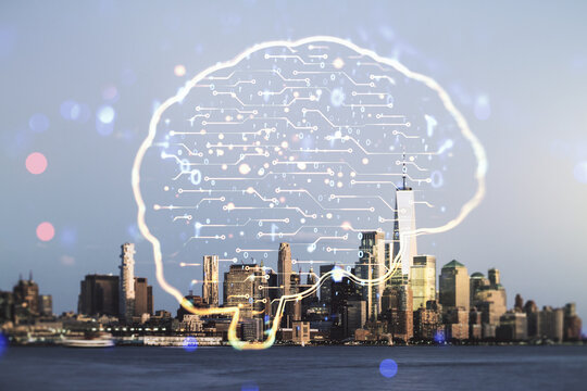 Virtual creative artificial Intelligence hologram with human brain sketch on New York city skyline background. Multiexposure