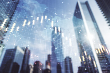 Double exposure of abstract financial graph with world map on office buildings background, forex and investment concept