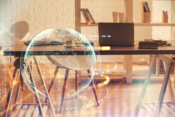 Multi exposure of world map drawing and office interior background. Concept of international...