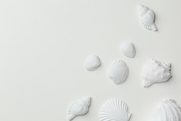 Set of white monochrome assorted seashells on white paper top view. Different white seashells from above, calm and relaxed sea summer beach concept. Spa and resort background, space for text