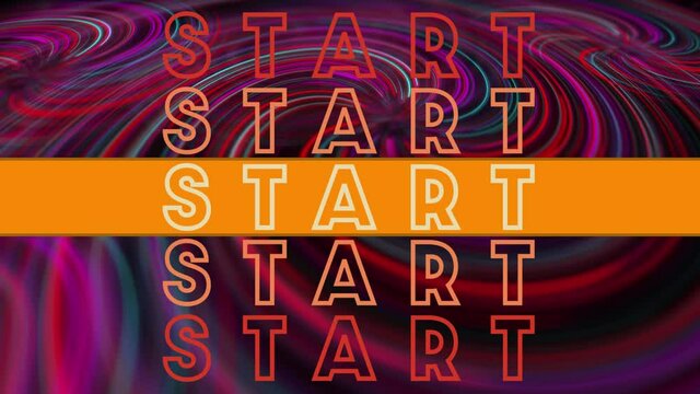 Animation of start text in repetition with orange stripe over vibrant light trails in background