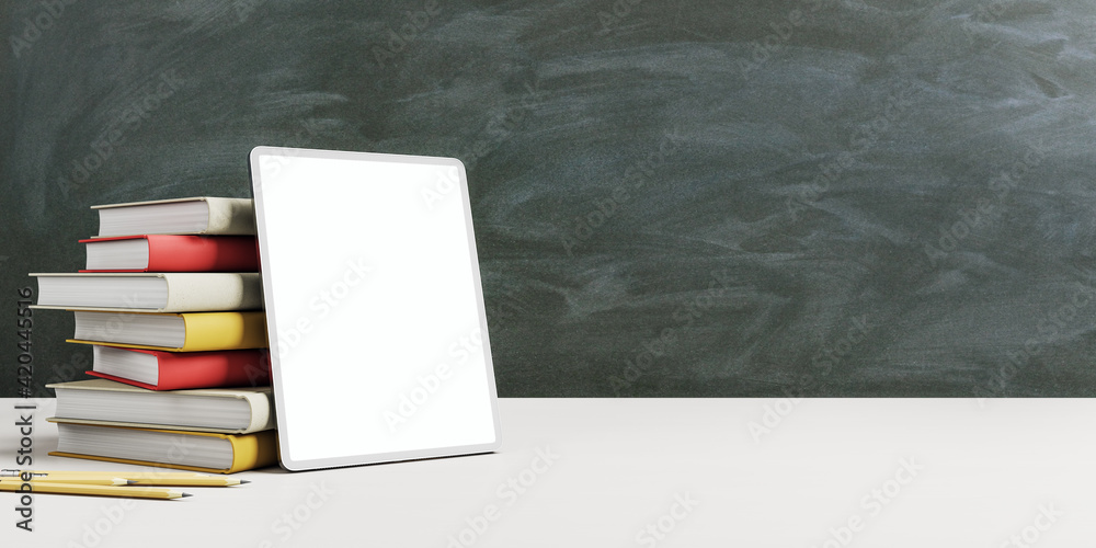 Poster online education concept with stack of books and digital tablet blank white screen on light table at