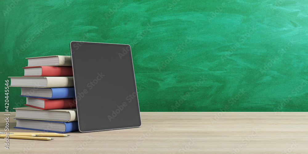 Poster online education concept with stack of books and digital tablet empty black screen on wooden table a