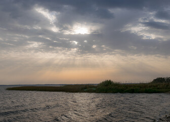 autumn view of the lake, foreground of the lake meadow