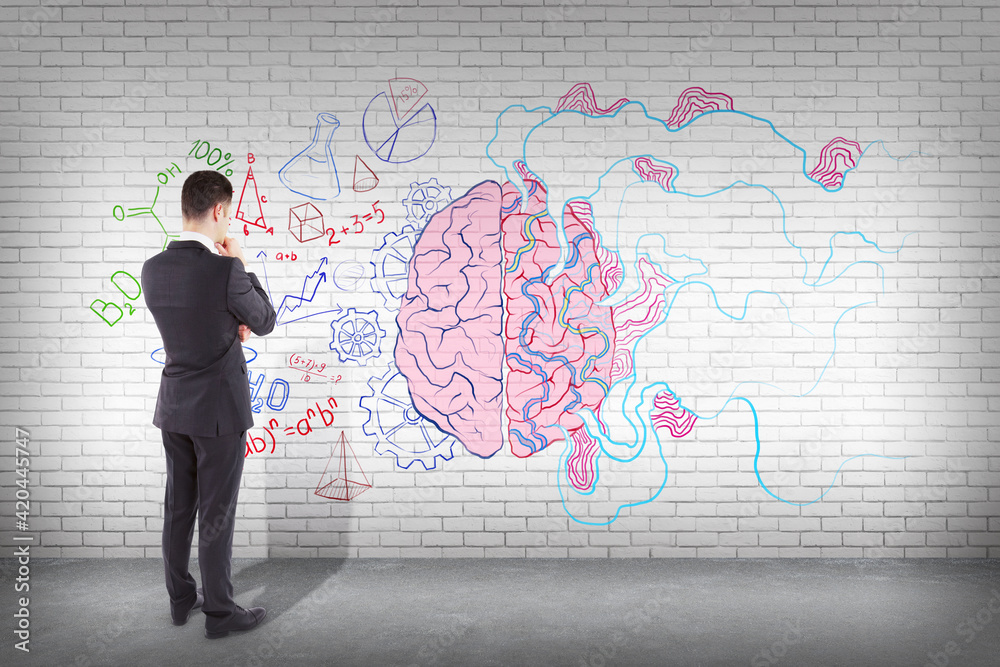 Poster brainstorming concept with pensive businessman looking at light wall with handwriting sketches of le