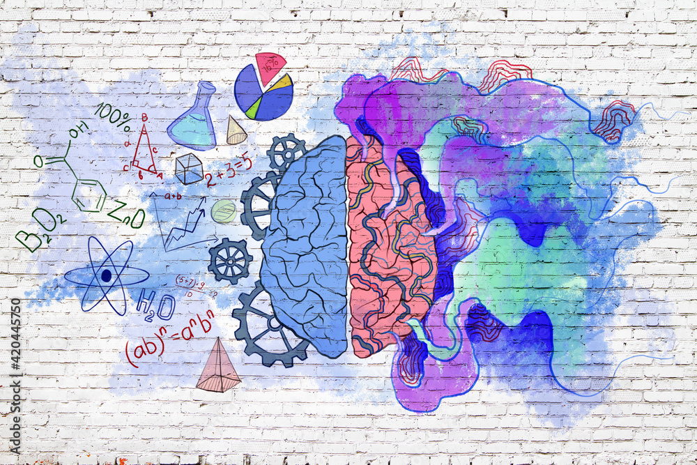 Poster left and right human brain concept with handwriting sketches of creative and logic symbols on light 