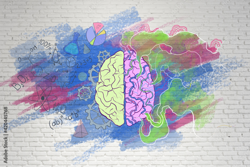 Aufkleber Brain function concept with handwriting sketch of right and left brain hemispheres, science symbols and creativity illustration