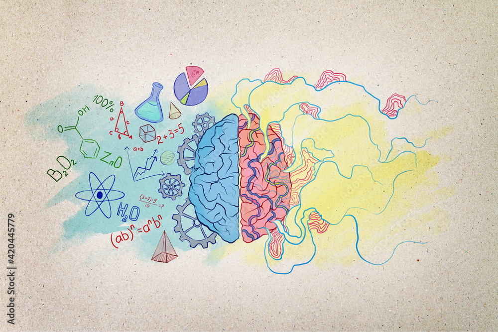 Poster brainstorming concept with colorful two brain hemispheres handwriting sketch with science and educat