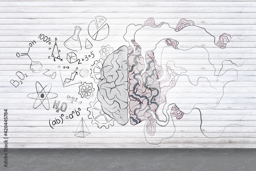 Poster left and right human brain concept with brain hemispheres, maths formulas, abstract lines illustrati