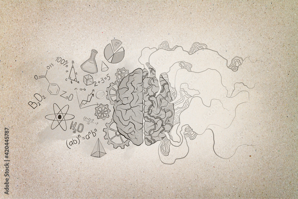 Poster Illustration of brain parts, mathematical formulas and abstract wavy lines on the right side on brown kraft paper