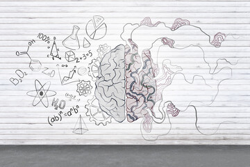 Left and right human brain concept with brain hemispheres, maths formulas, abstract lines illustration on plain wooden wall