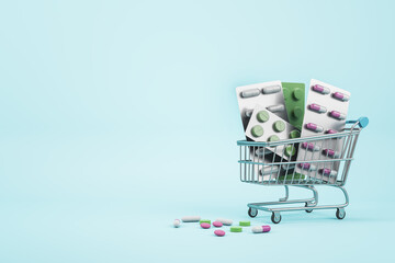 Drug store and online pharmacy concept with shopping cart and assorted medicine pills on blank blue background. Mock up © Who is Danny