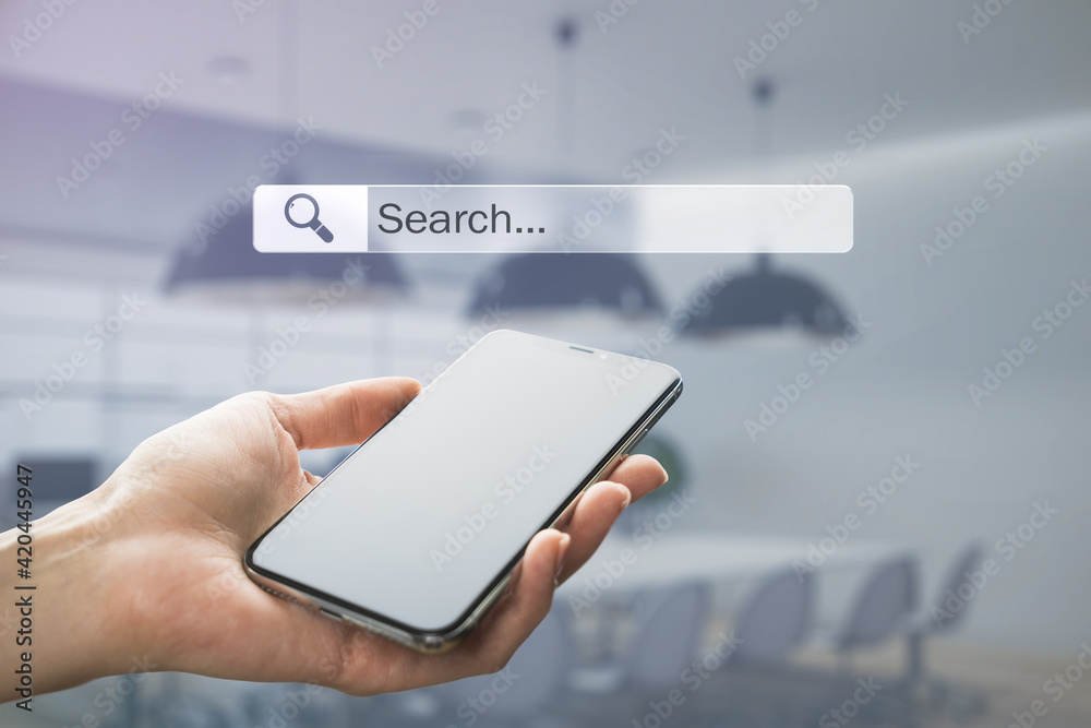 Poster mobile search data information concept with modern cell phone in hand and digital search page