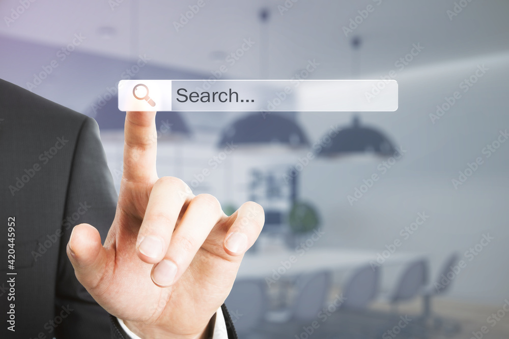 Fototapete man in black jacket clicking touch screen with search address and navigation bar icon