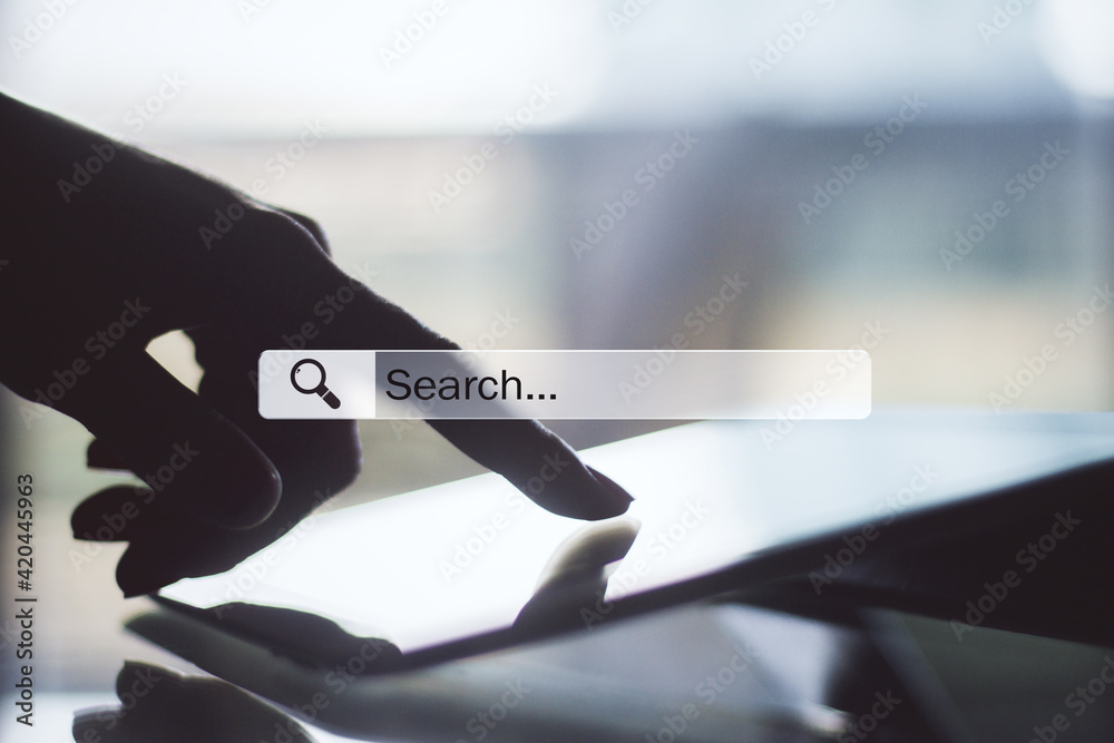 Poster internet searching data information concept with human hand touches digital tablet screen
