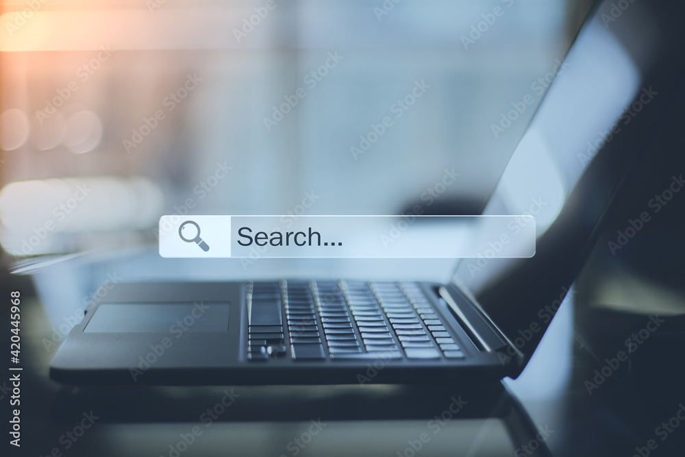 Poster data information searching online concept with opened laptop and browser search bar