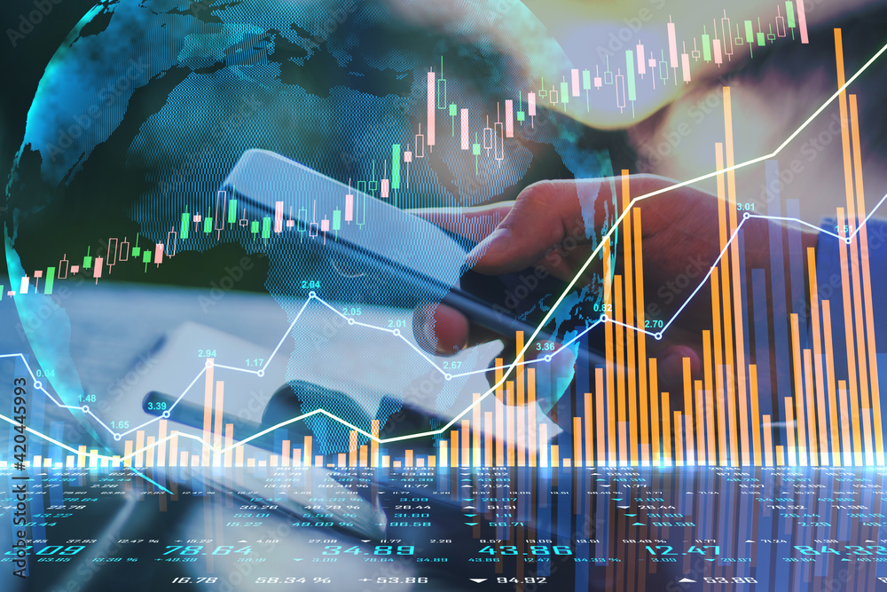 Poster worldwide stock market system concept with financial chart graphs and diagram and man hand with mode