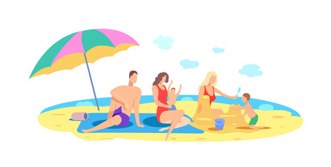 Fototapeta na wymiar One man and two women with children are relaxing on the beach by the sea. Vector flat illustration