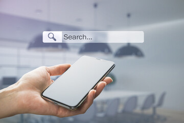 Mobile search data information concept with modern cell phone in hand and digital search page