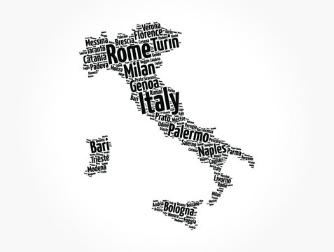 List of cities in Italy, map silhouette word cloud, travel concept background